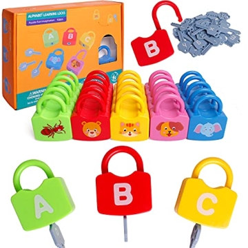 Dinhon Color Alphabet Learning Lock Toys Educational Letter Combination with 26 Locks and 26 Keys Mo...