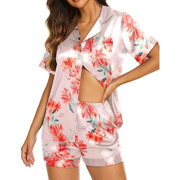 Ekouaer Womens Satin Silk Pajamas Set Short Sleeve Button Down Top and Shorts Sleepwear 2 Piece Pjs ...