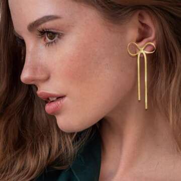 Gold Bow Earrings - Trendy Sparkly Rhinestone Dangle Jewelry for Women