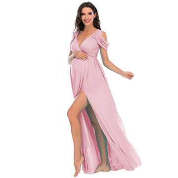 ZIUMUDY Maternity Off Shoulder V Neck Wraped Photography Photoshoot Dress Maxi Baby Shower Dress (X-Large, Pink)