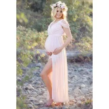 ZIUMUDY Maternity Off Shoulder V Neck Wraped Photography Photoshoot Dress Maxi Baby Shower Dress (X-Large, Pink)