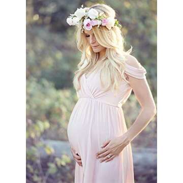 ZIUMUDY Maternity Off Shoulder V Neck Wraped Photography Photoshoot Dress Maxi Baby Shower Dress (X-Large, Pink)
