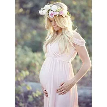 ZIUMUDY Maternity Off Shoulder V Neck Wraped Photography Photoshoot Dress Maxi Baby Shower Dress (X-Large, Pink)