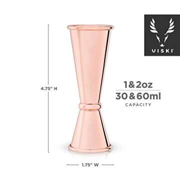 Viski Japanese Style Double Jigger for Cocktails, Bar Kit Essential, 1oz and 2oz with Interior Measurements, Rose Copper
