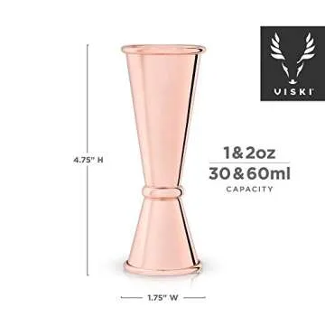 Viski Japanese Style Double Jigger for Cocktails, Bar Kit Essential, 1oz and 2oz with Interior Measurements, Rose Copper