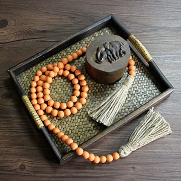CVHOMEDECO. Wood Beads Garland with Tassels Farmhouse Rustic Wooden Prayer Bead String Wall Hanging Accent for Home Festival Decor. Orange