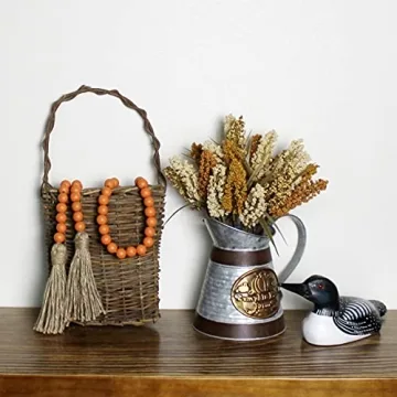 CVHOMEDECO. Wood Beads Garland with Tassels Farmhouse Rustic Wooden Prayer Bead String Wall Hanging Accent for Home Festival Decor. Orange