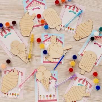 Ice Cream Party Favors - 12 PCS Ice Cream Craft Kits for Kids - Ice Cream Wooden Painting Kit with B...
