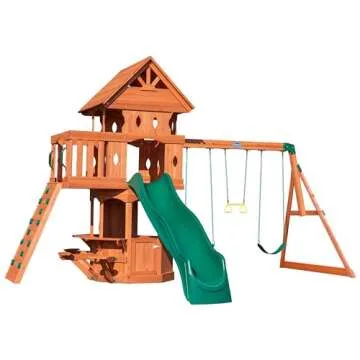 Backyard Discovery Woodland Cedar Wood Swing Set with Wave Slide, Clubhouse, Rock Wall, Snack Bar, B...