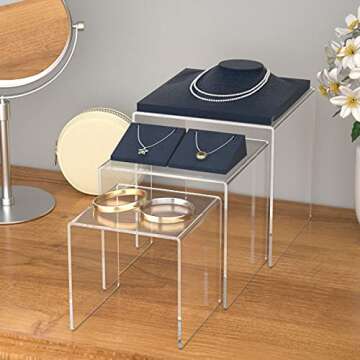 HIIMIEI Clear Acrylic Display Risers 2 Sets, 3-Tier Risers Stands Showcase for Amiibo Funko Pop Figures, Dessert, Jewelry-5"x6"x7"