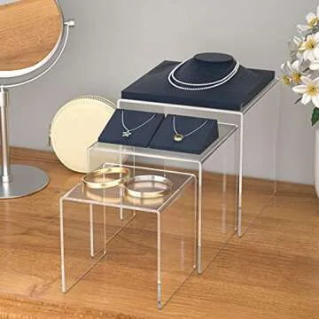 HIIMIEI Clear Acrylic Display Risers 2 Sets, 3-Tier Risers Stands Showcase for Amiibo Funko Pop Figures, Dessert, Jewelry-5"x6"x7"