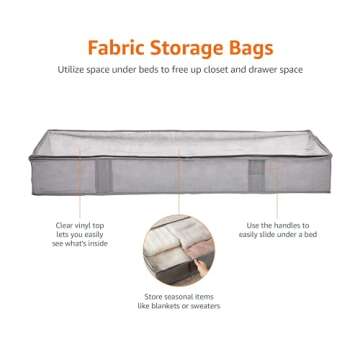 Amazon Basics Under Bed Fabric Zipper Blanket Storage Container Bags with Window and Handles, 2-Pack, 18 x 42 x 6 Inches, Gray