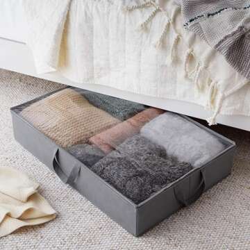 Amazon Basics Under Bed Fabric Zipper Blanket Storage Container Bags with Window and Handles, 2-Pack, 18 x 42 x 6 Inches, Gray