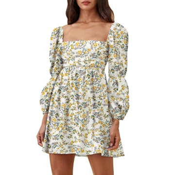 EXLURA Womens Square Neck Dress Long Puff Sleeve A-Line Casual Short Mini Dress Yellow Floral