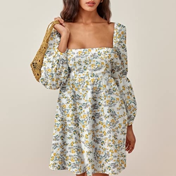 EXLURA Womens Square Neck Dress Long Puff Sleeve A-Line Casual Short Mini Dress Yellow Floral