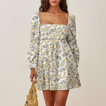 EXLURA Womens Square Neck Dress Long Puff Sleeve A-Line Casual Short Mini Dress Yellow Floral