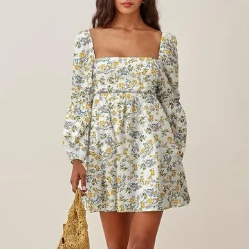 EXLURA Womens Square Neck Dress Long Puff Sleeve A-Line Casual Short Mini Dress Yellow Floral