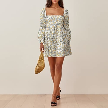 EXLURA Womens Square Neck Dress Long Puff Sleeve A-Line Casual Short Mini Dress Yellow Floral