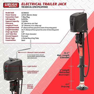 Uriah Products DC Electric Trailer Jack with 7-Way Connector, 12V, 5000 lb Lift Capacity