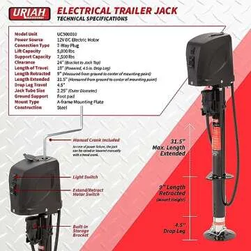 Uriah Products DC Electric Trailer Jack with 7-Way Connector, 12V, 5000 lb Lift Capacity