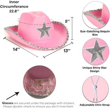 Funcredible Pink Cowboy Hat and Glasses - Preppy Cowgirl Hat with Star - Sparkly Cowboy Hat - Cowgirl Outfit Accessories for Women and Girls