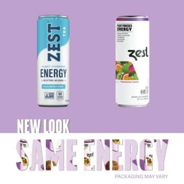 Zest Plant Powered Natural Energy Sparkling Drink - Passionfruit Berry - 150mg Caffeine + 100 mg L-T...