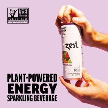 Zest Plant Powered Natural Energy Sparkling Drink - Passionfruit Berry - 150mg Caffeine + 100 mg L-Theanine - 12oz Can 12 Pack - Low Sugar, 60 Cals, Healthy Coffee Substitute, Non GMO High Caff Blend