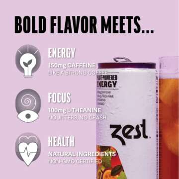 Zest Plant Powered Natural Energy Sparkling Drink - Passionfruit Berry - 150mg Caffeine + 100 mg L-Theanine - 12oz Can 12 Pack - Low Sugar, 60 Cals, Healthy Coffee Substitute, Non GMO High Caff Blend