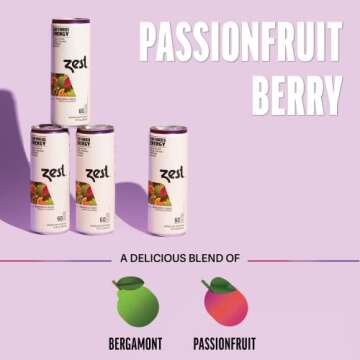 Zest Plant Powered Natural Energy Sparkling Drink - Passionfruit Berry - 150mg Caffeine + 100 mg L-Theanine - 12oz Can 12 Pack - Low Sugar, 60 Cals, Healthy Coffee Substitute, Non GMO High Caff Blend