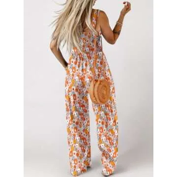 Dokotoo Womens Casual Loose Overalls One Piece Sleeveless Jumpsuits for Women Stretchy Wide Leg Long Pant Rompers Jumpsuit with Pockets Printed 2025 Fashion Small Orange