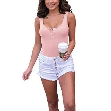 INFITTY Summer Basic Sexy Ribbed Tank Top Scoop Neck Club Button Down Tank Bodysuit Pink Purple Medium