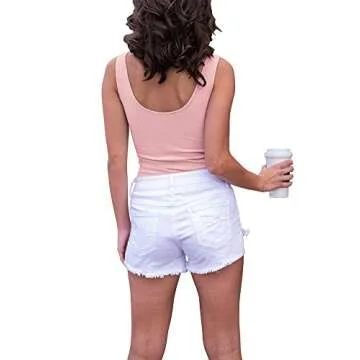 INFITTY Summer Basic Sexy Ribbed Tank Top Scoop Neck Club Button Down Tank Bodysuit Pink Purple Medium