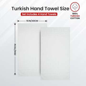 Infinitee Xclusives White Hand Towels Set of 4 (16x28 inches) – 100% Turkish Cotton Ultra Soft and Highly Absorbent Hotel Quality White Hand Towels for Bathroom