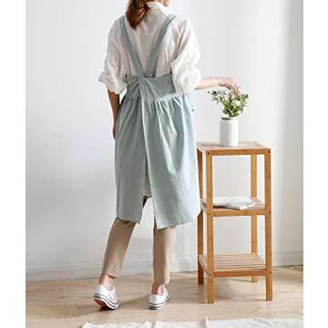 NewPrime Cotton Linen Apron For Women, Cute Japanese Pinafore Apron Baking Cooking Gardening (Sky Blue Pocket Outside)