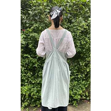 NewPrime Cotton Linen Apron For Women, Cute Japanese Pinafore Apron Baking Cooking Gardening (Sky Blue Pocket Outside)