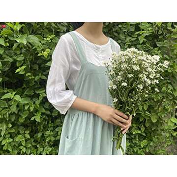 NewPrime Cotton Linen Apron For Women, Cute Japanese Pinafore Apron Baking Cooking Gardening (Sky Blue Pocket Outside)