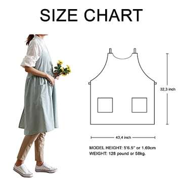 NewPrime Cotton Linen Apron For Women, Cute Japanese Pinafore Apron Baking Cooking Gardening (Sky Blue Pocket Outside)