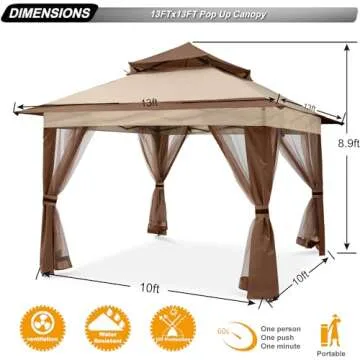 ABCCANOPY Pop Up Gazebo 13x13 - Outdoor Canopy Tent with Mosquito Netting for Patio Garden Backyard (Beige)