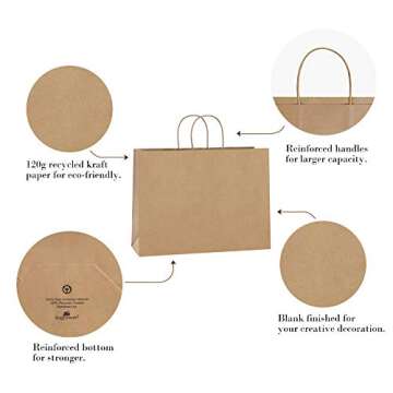 BagDream 16x6x12 Inches 50Pcs Kraft Paper Bags with Handles Bulk Brown Paper Shopping Bags Grocery Bags Mechandise Retail Bags, 100% Recyclable Large Paper Gift Bags