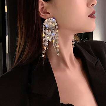 Xerling Long Tassel Rhinestones Earrings Bridal Chandelier Drop Dangle Earrings Sparkly Crystal Fringe Earrings for Wedding Prom