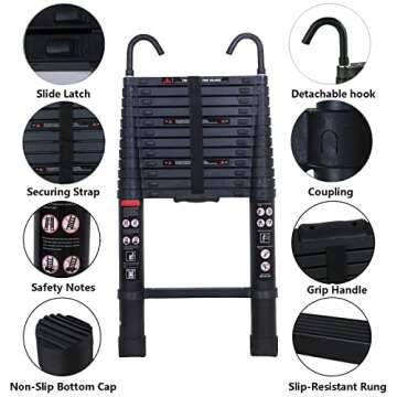 Telescoping Ladder 12FT Extension Ladder with 2 Detachable Roof Ladder Hooks 2.8", Collapsible Ladde...