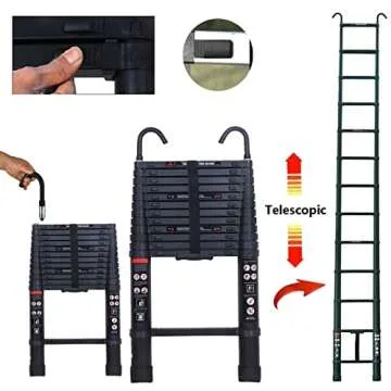 Telescoping Ladder 12FT Extension Ladder with 2 Detachable Roof Ladder Hooks 2.8", Collapsible Ladders for Home, Aluminum Telescopic Extendable Ladder Rv Ladder Loft Ladder, Max 330 Lb Capacity, EN131