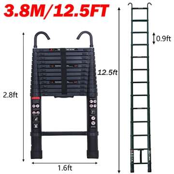 Telescoping Ladder 12FT Extension Ladder with 2 Detachable Roof Ladder Hooks 2.8", Collapsible Ladders for Home, Aluminum Telescopic Extendable Ladder Rv Ladder Loft Ladder, Max 330 Lb Capacity, EN131