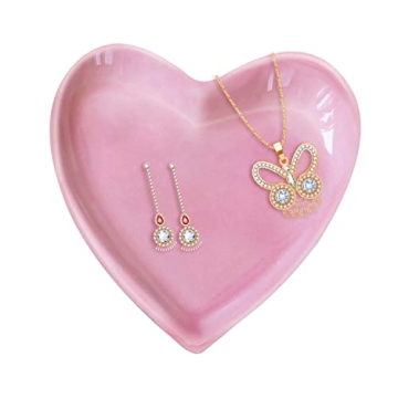 Ceramic Jewelry Tray for Women Girls Gift, Pink Decorative Heart Shaped Plate and Jewelry Organizer,...