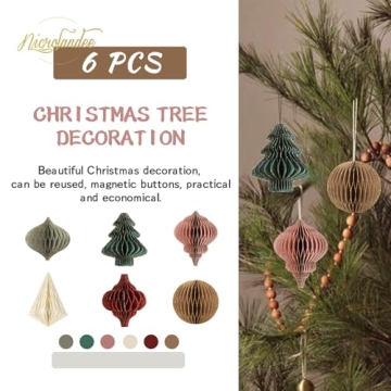 NICROLANDEE Christmas Party Decorations - 6 PCS 3D Mini Glitter Edge Paper Honeycomb Lantern Green, Red, Brown, Ivory, Gray Hanging Ornaments for Christmas Tree Décor, New Years Party, Home Decor