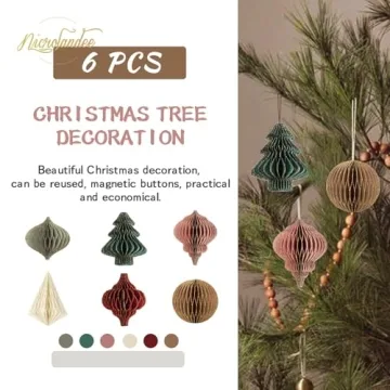 NICROLANDEE Christmas Party Decorations - 6 PCS 3D Mini Glitter Edge Paper Honeycomb Lantern Green, Red, Brown, Ivory, Gray Hanging Ornaments for Christmas Tree Décor, New Years Party, Home Decor