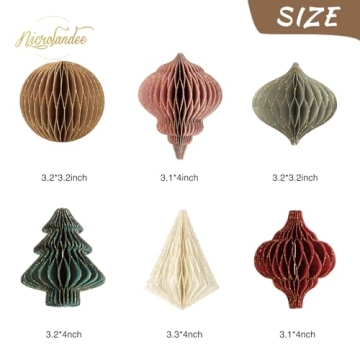 NICROLANDEE Christmas Party Decorations - 6 PCS 3D Mini Glitter Edge Paper Honeycomb Lantern Green, Red, Brown, Ivory, Gray Hanging Ornaments for Christmas Tree Décor, New Years Party, Home Decor