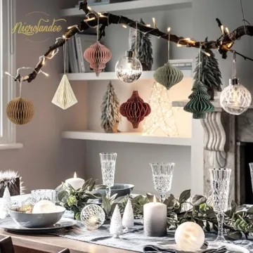 NICROLANDEE Christmas Party Decorations - 6 PCS 3D Mini Glitter Edge Paper Honeycomb Lantern Green, Red, Brown, Ivory, Gray Hanging Ornaments for Christmas Tree Décor, New Years Party, Home Decor