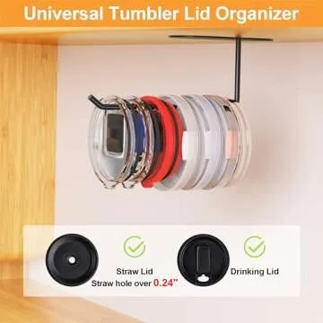 2 Pack Tumbler Lid Organizer, Space Saving Cup Lid Organizer for Yeti Tumbler/Stanley Tumbler/Simple Modern Tumbler Lids, Self-Adhesive or Drilling Tumbler Lid Hook for Kitchen Organizers and Storage