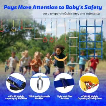 FAHKNS Ninja Warrior Obstacle Course for Kids, 65 FT Durable Slackline with 11 Obstacles-Swings, Monkey Bars, Arm Trainers and More, Weatherproof Outdoor Obstacle Course for Backyard,3+ Years Old